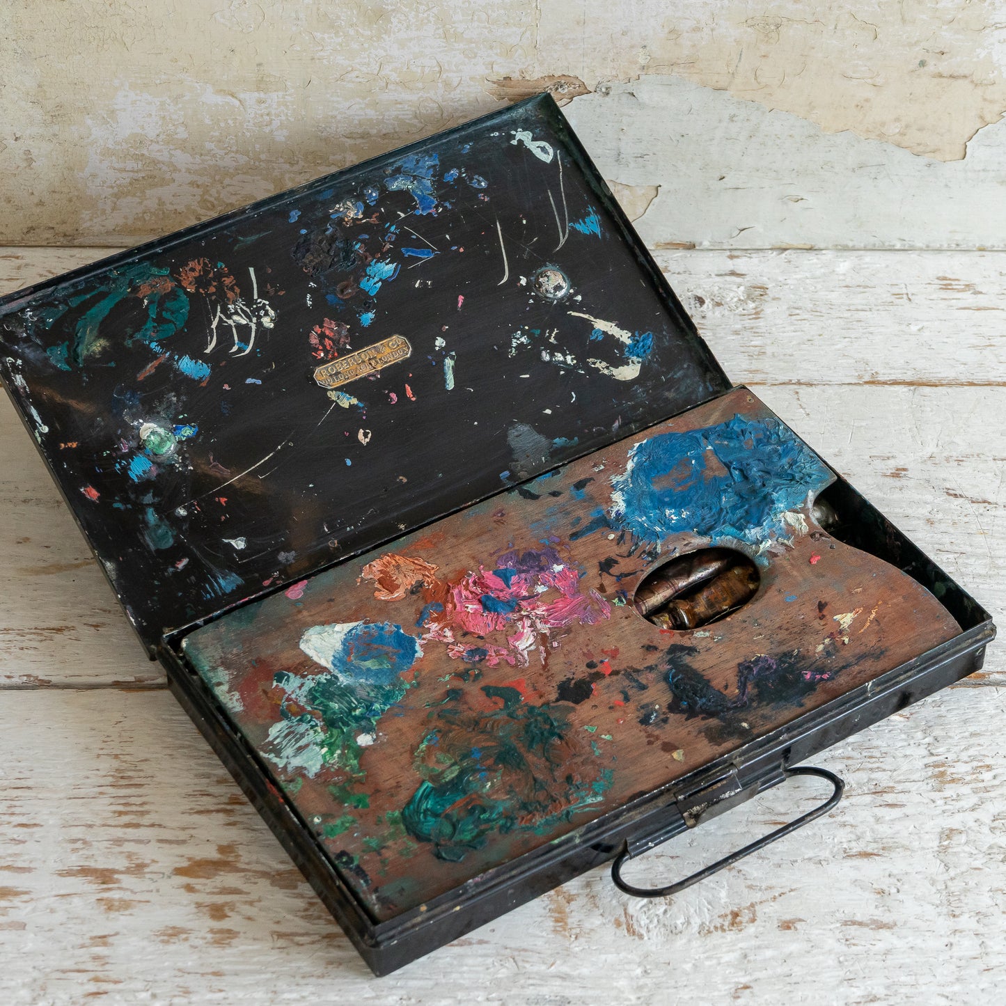 Early ROBERSON & Co Tin Paint Box with Wooden Palette