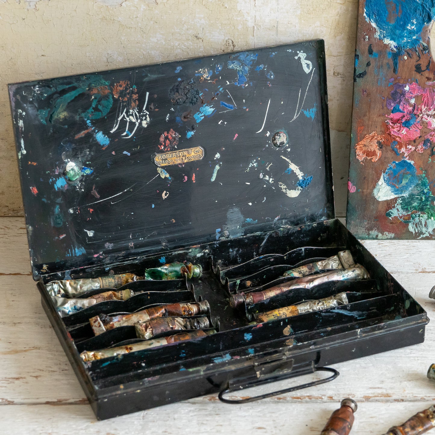 Early ROBERSON & Co Tin Paint Box with Wooden Palette