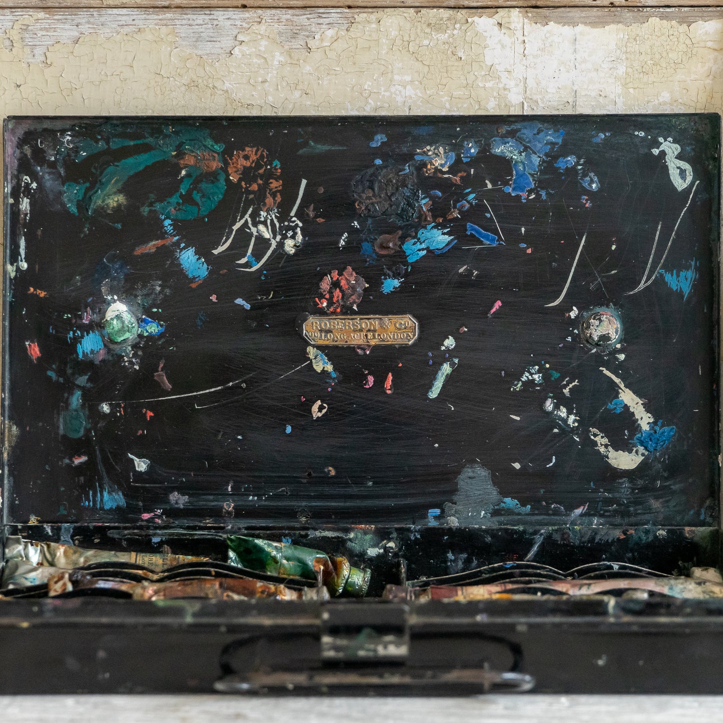Early ROBERSON & Co Tin Paint Box with Wooden Palette