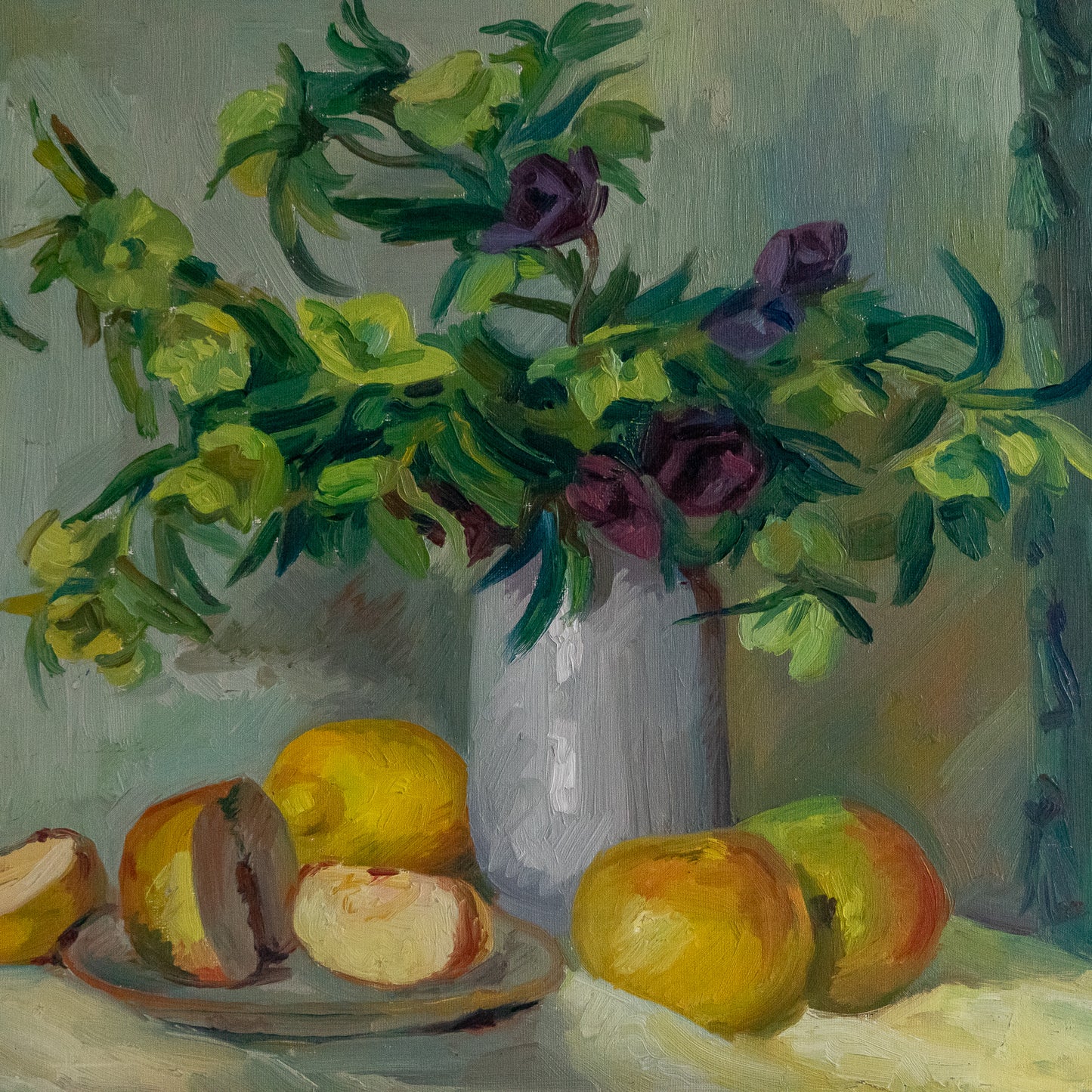 Oil on Board Still Life Painting of Flowers and Fruit