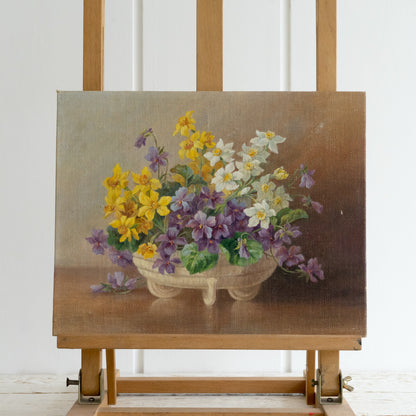 Vintage Oil on Board Painting of Spring Flowers