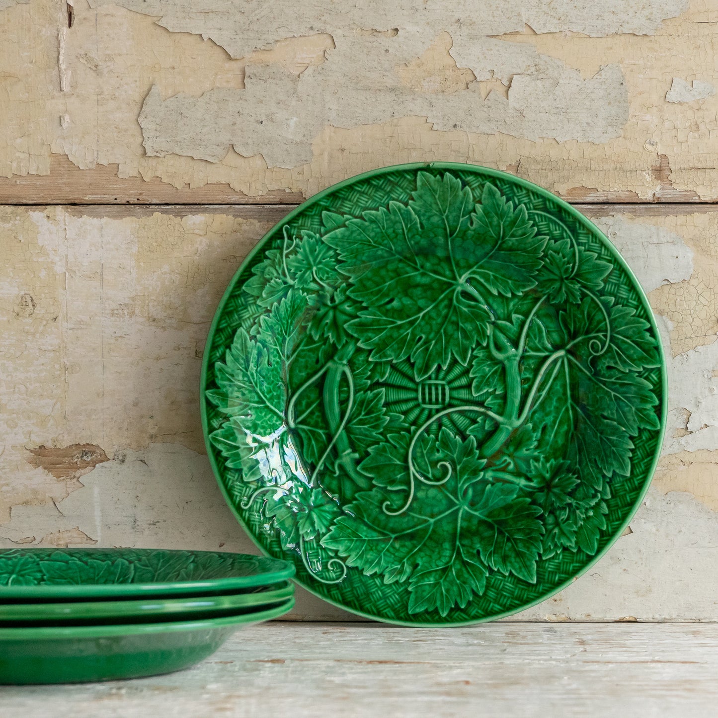 Wedgwood Vine and Basketweave Green Majolica Leaf Plate