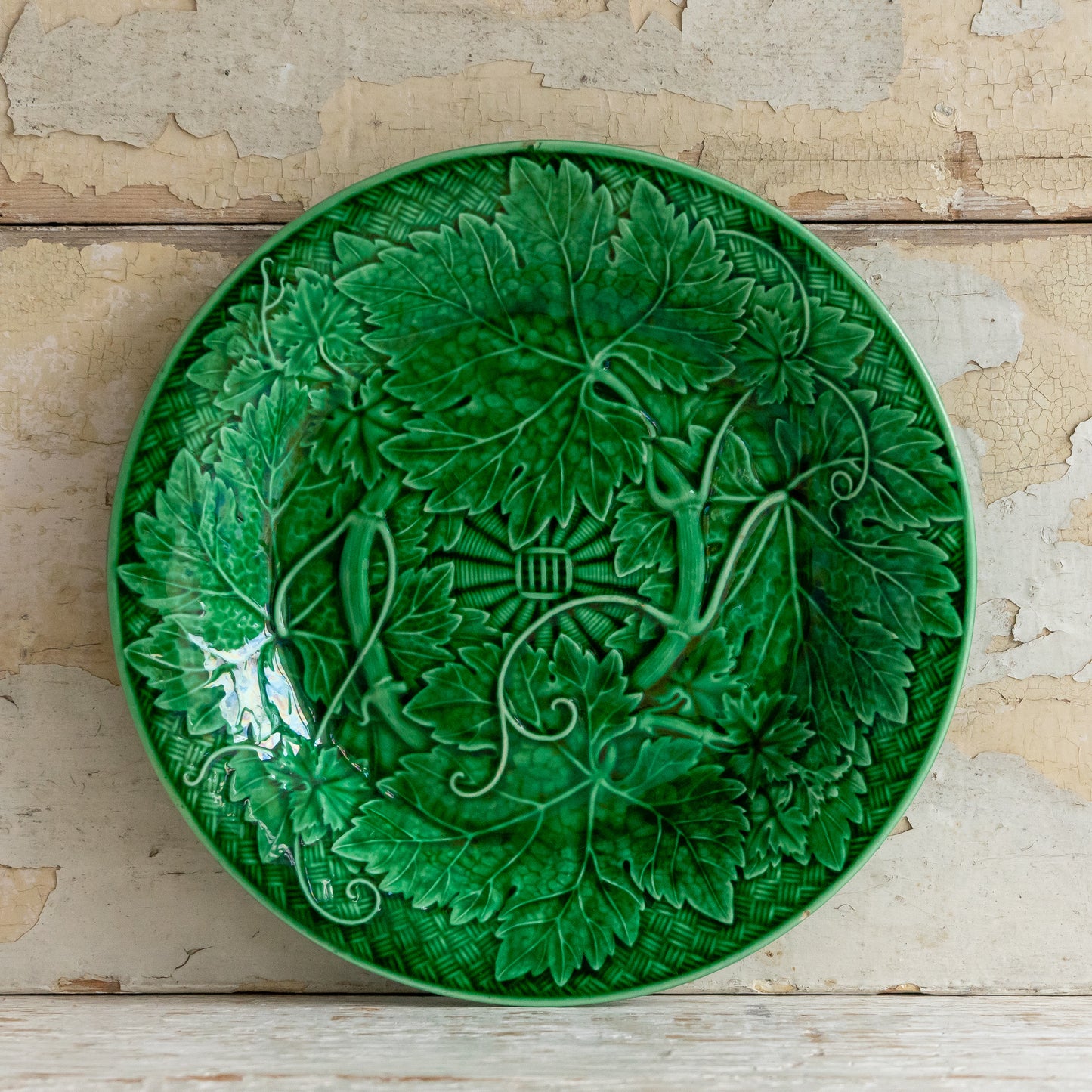 Wedgwood Vine and Basketweave Green Majolica Leaf Plate