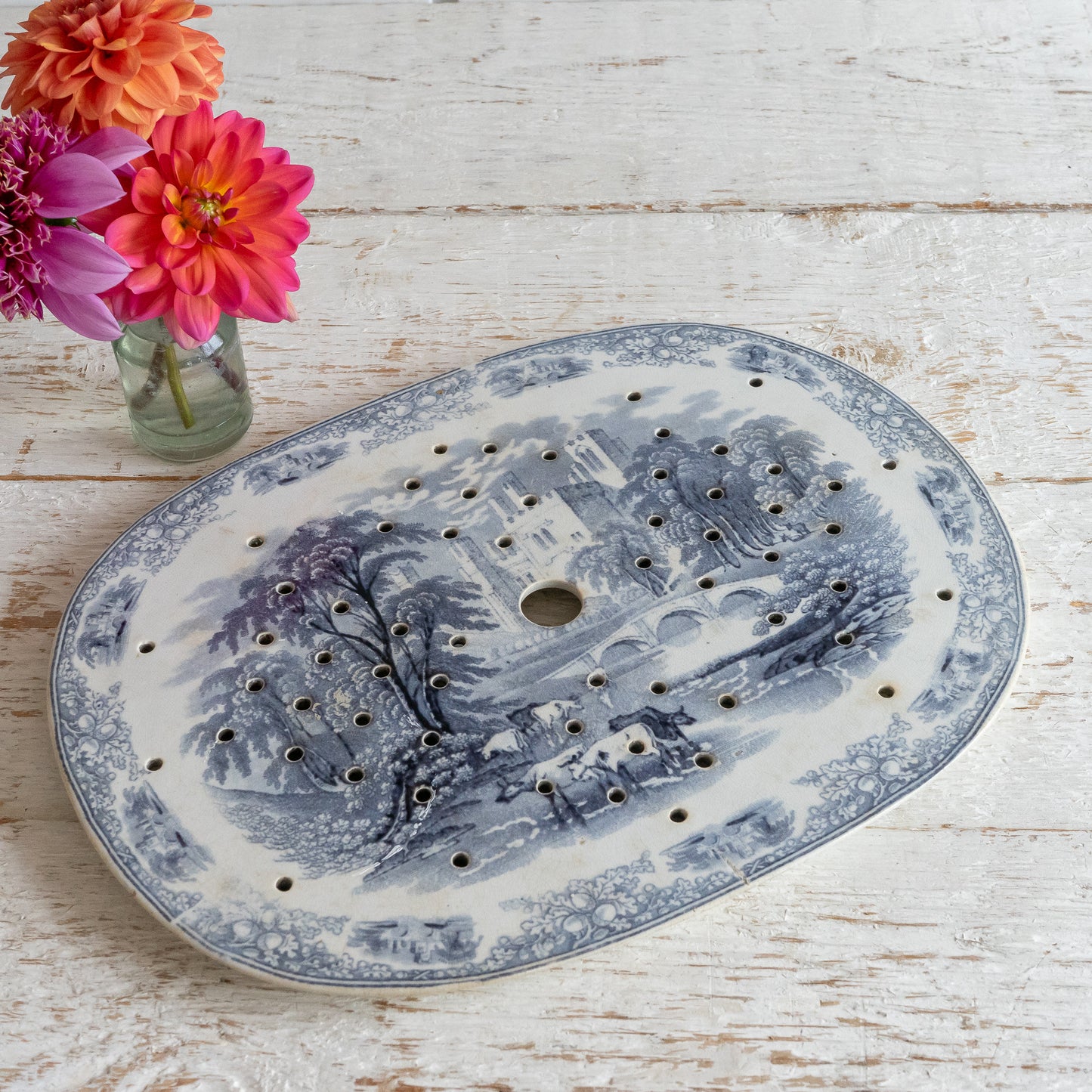 Antique Blue & White Transferware Drainer Plate