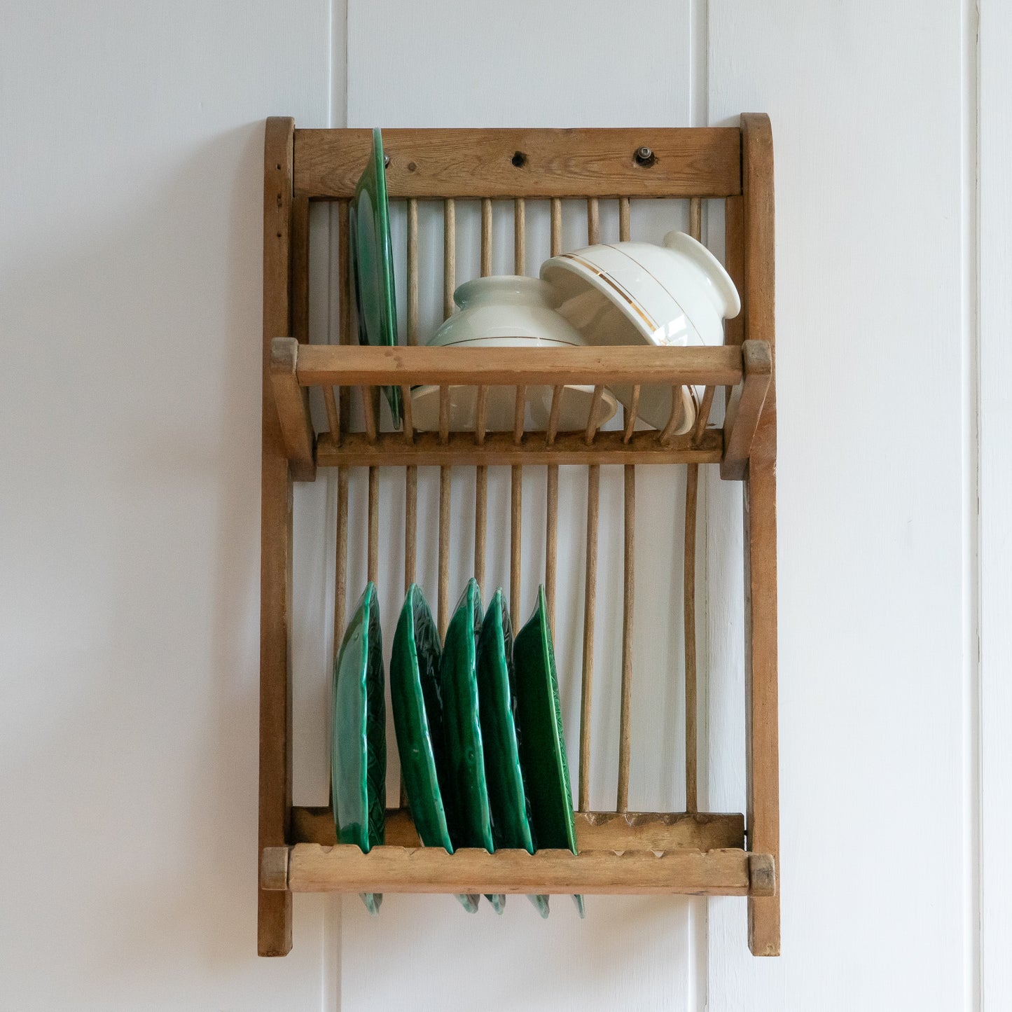Antique Rustic Wall Hung Pine Plate Rack