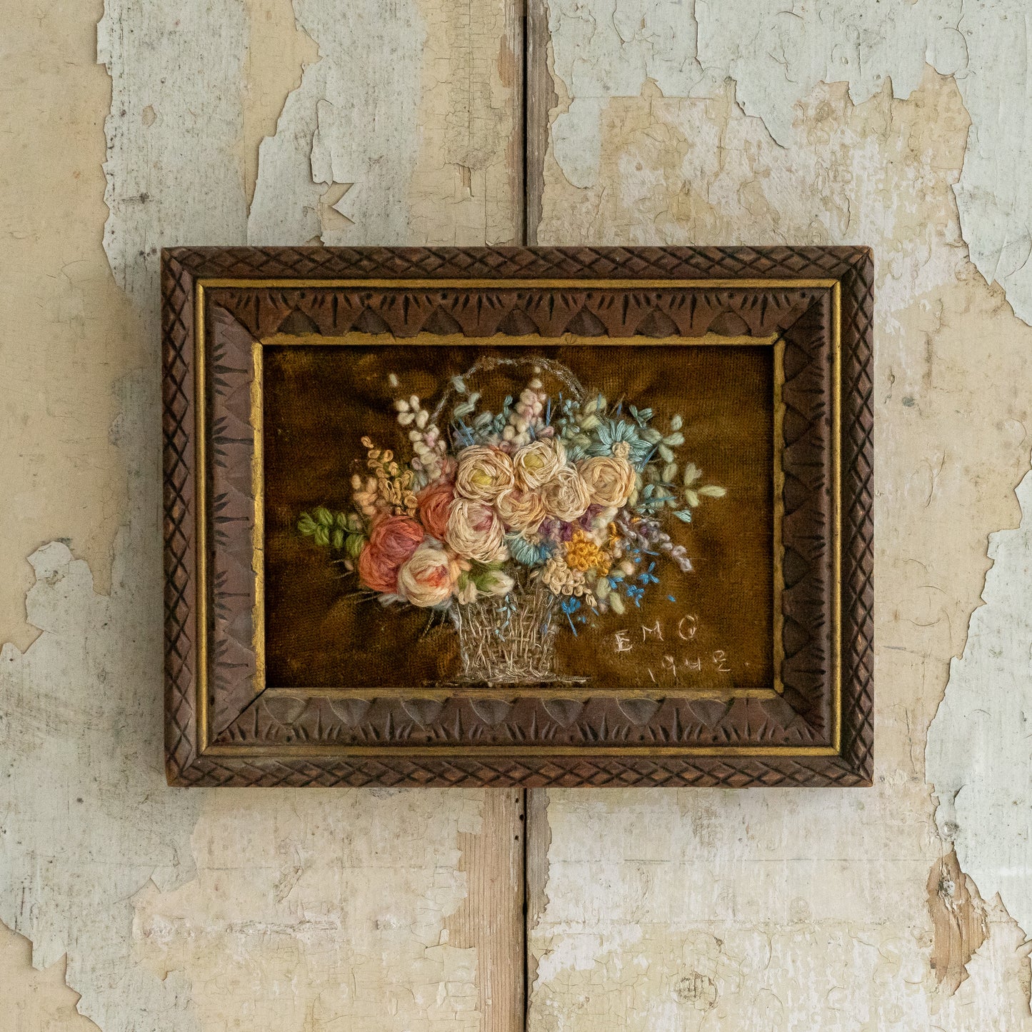 Framed Embroidery of Flowers in a Basket