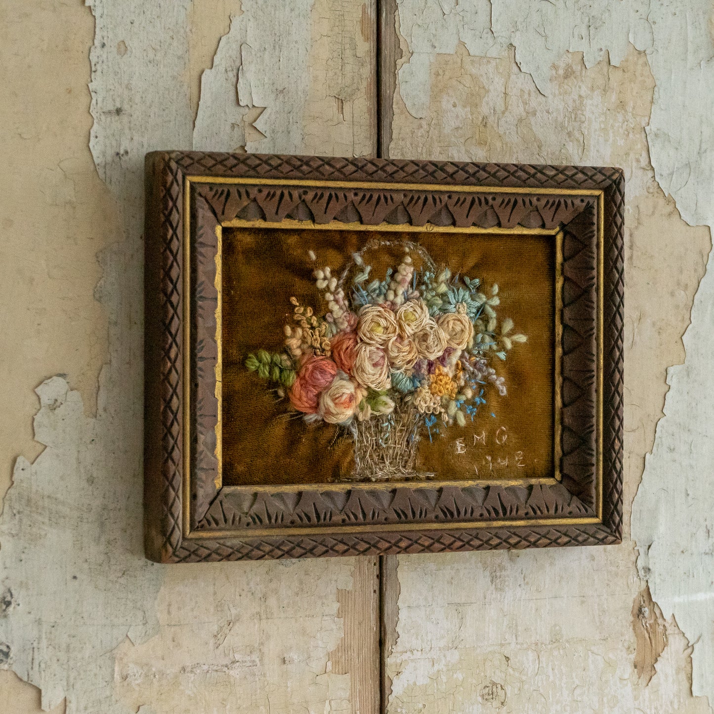 Framed Embroidery of Flowers in a Basket
