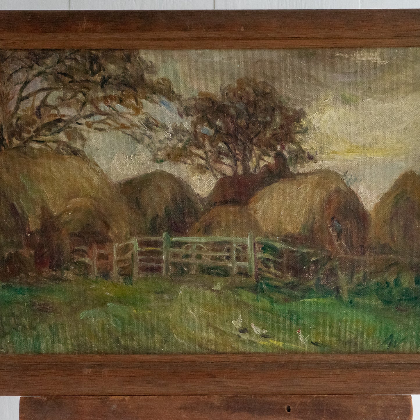Framed Oil on Board Painting of Hay Bales and a Farm