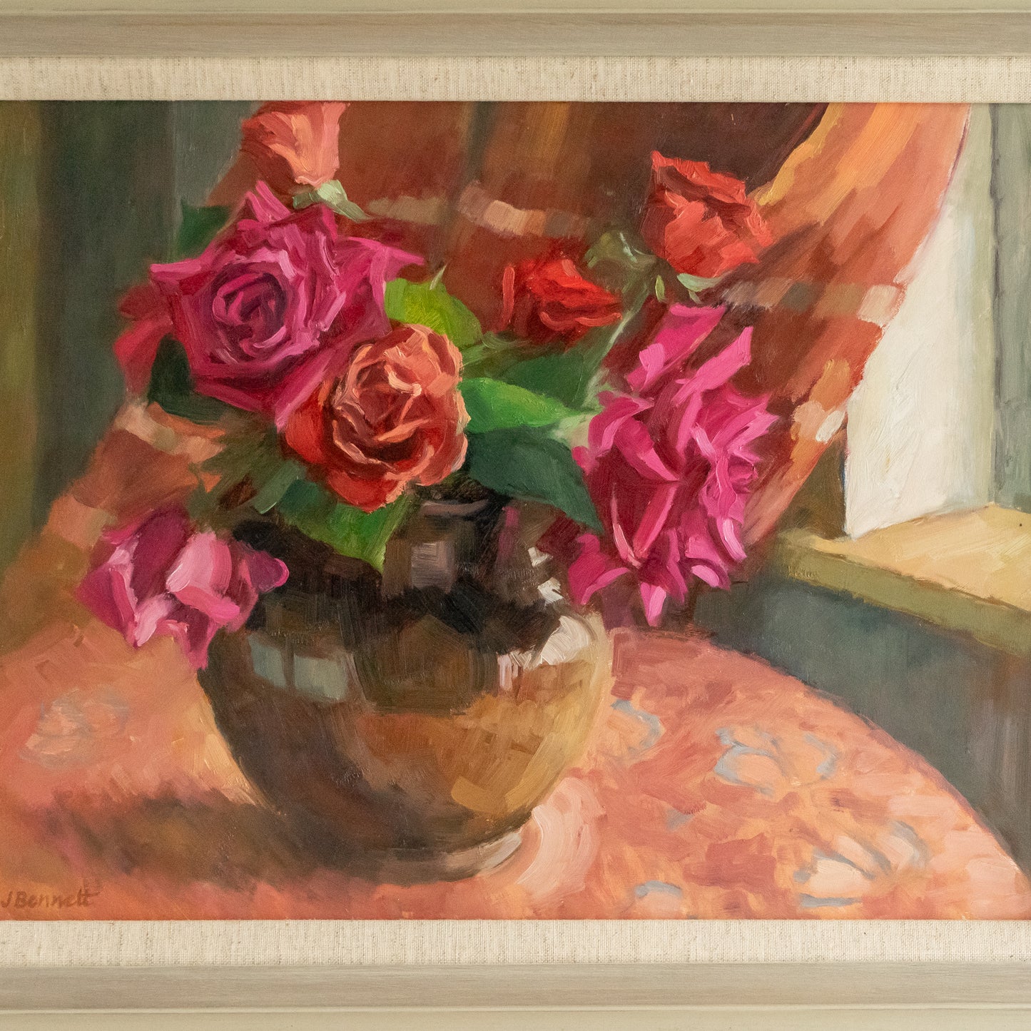 Framed Oil Painting of Roses in a Vase