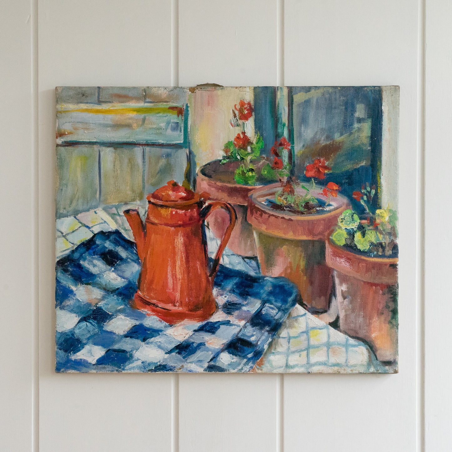 Still Life Oil Painting of Geraniums and Coffee Pot