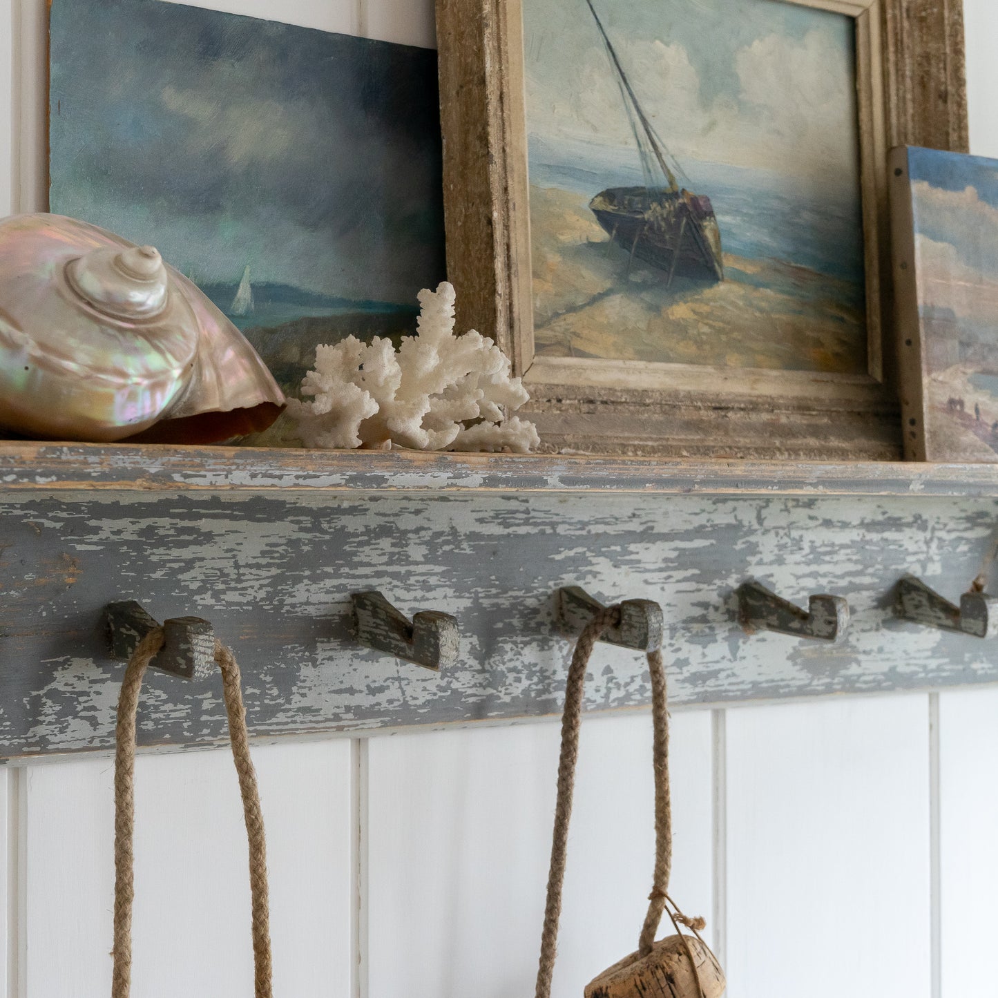 Rustic Painted Coat Hooks and Shelf