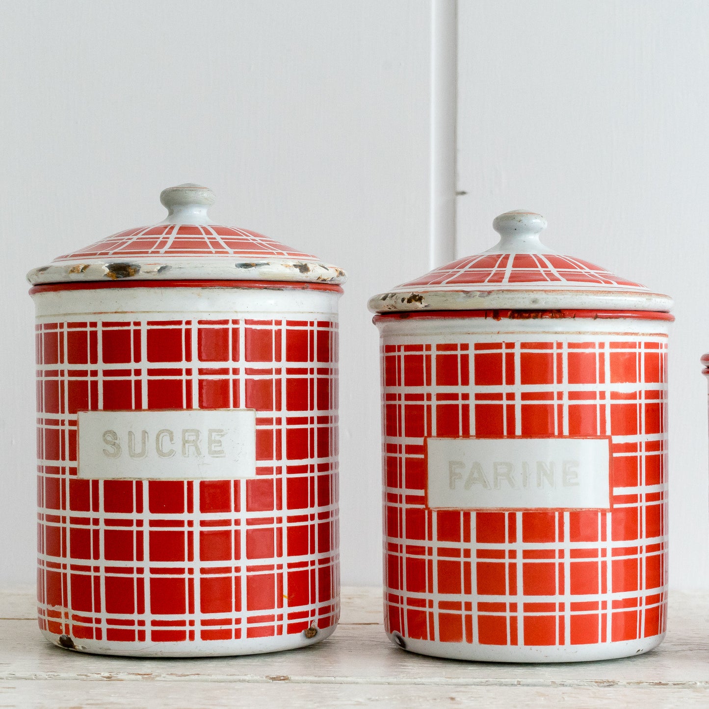 Set of 4 Red and White French Enamel Storage Tins