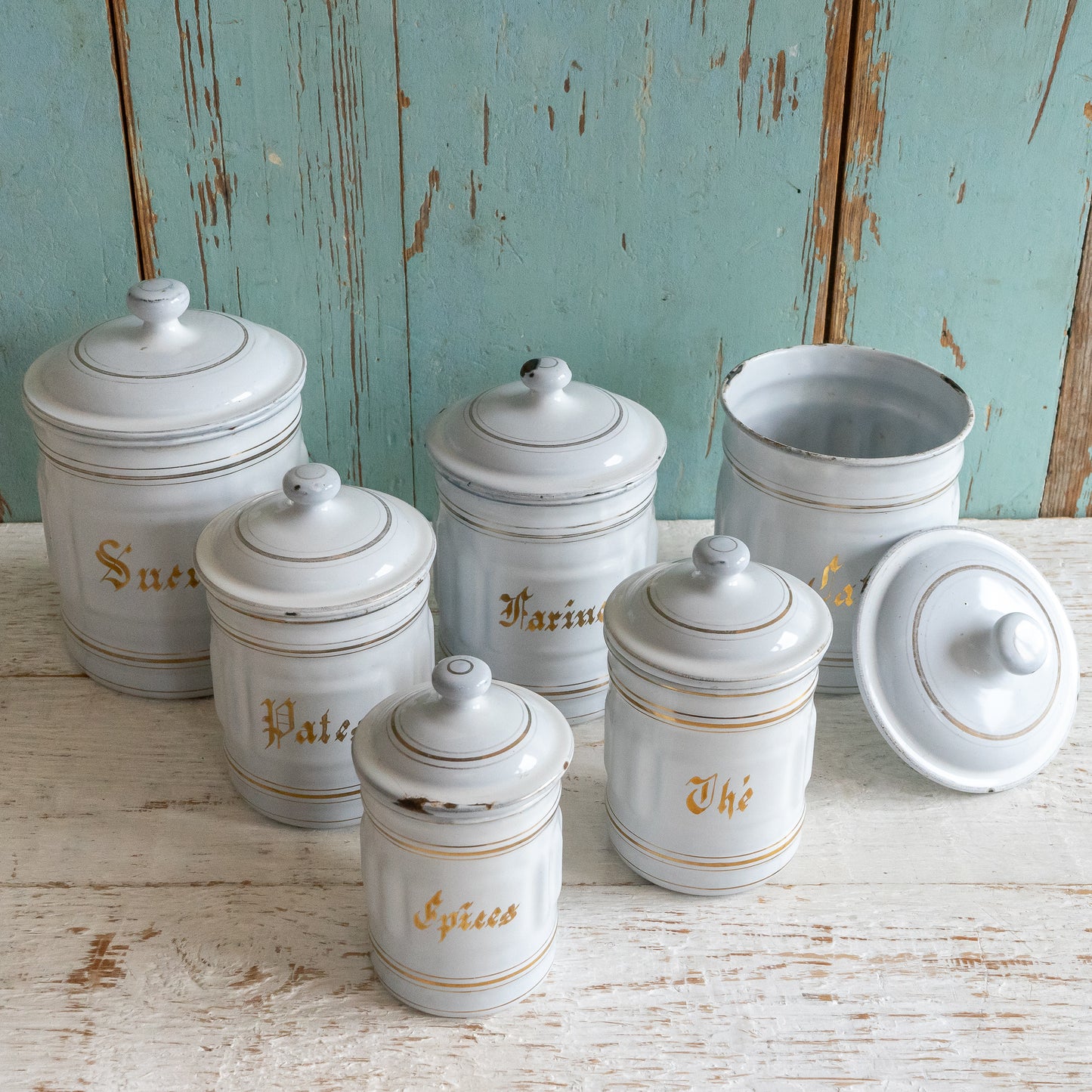Set of 6 Vintage French Enamel Storage Tins