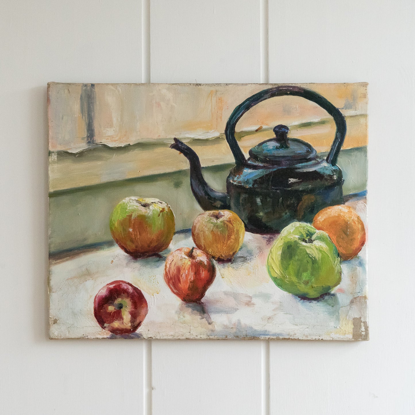 Still Life Oil On Canvas Painting Of Apples And A kettle