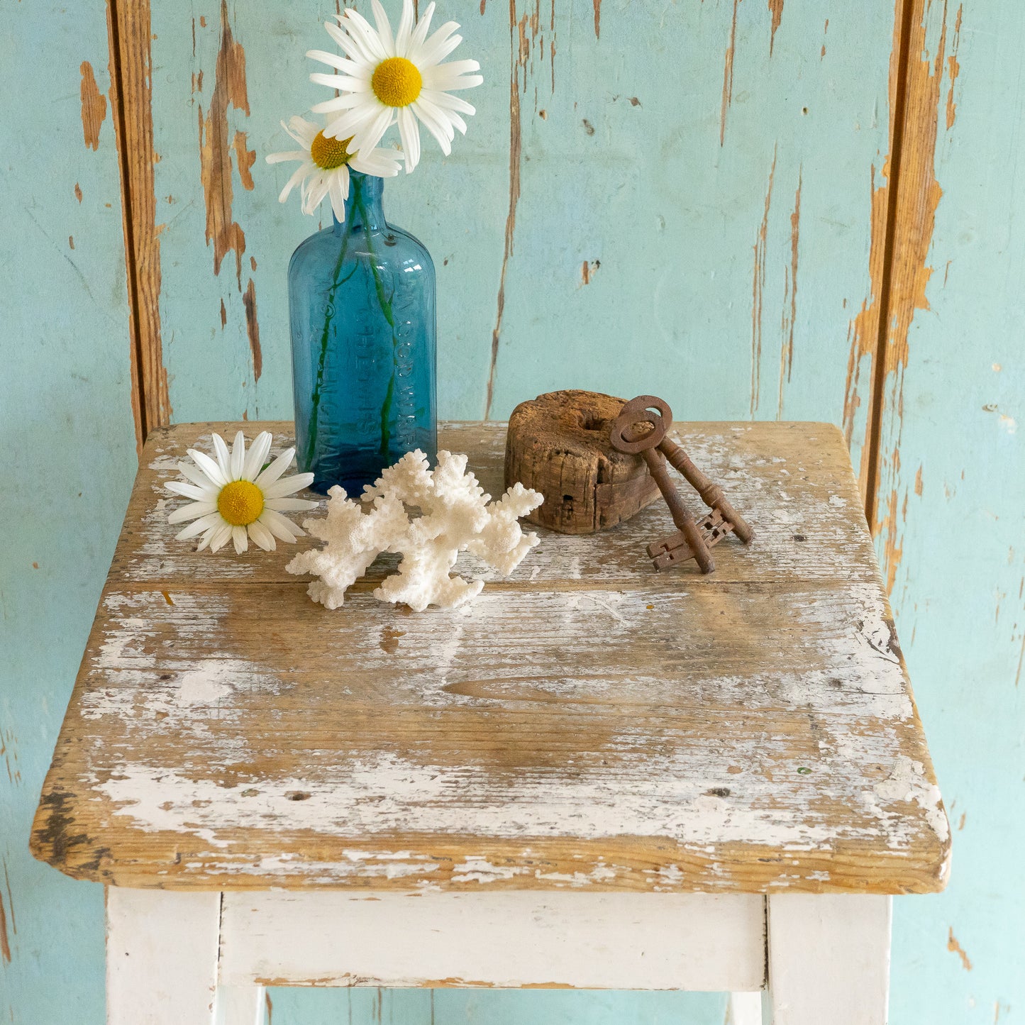 Tall Rustic White Painted Stool