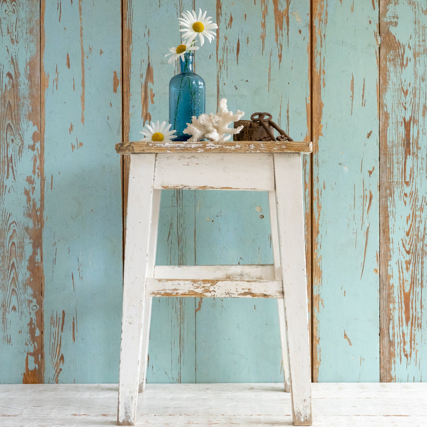 Tall Rustic White Painted Stool