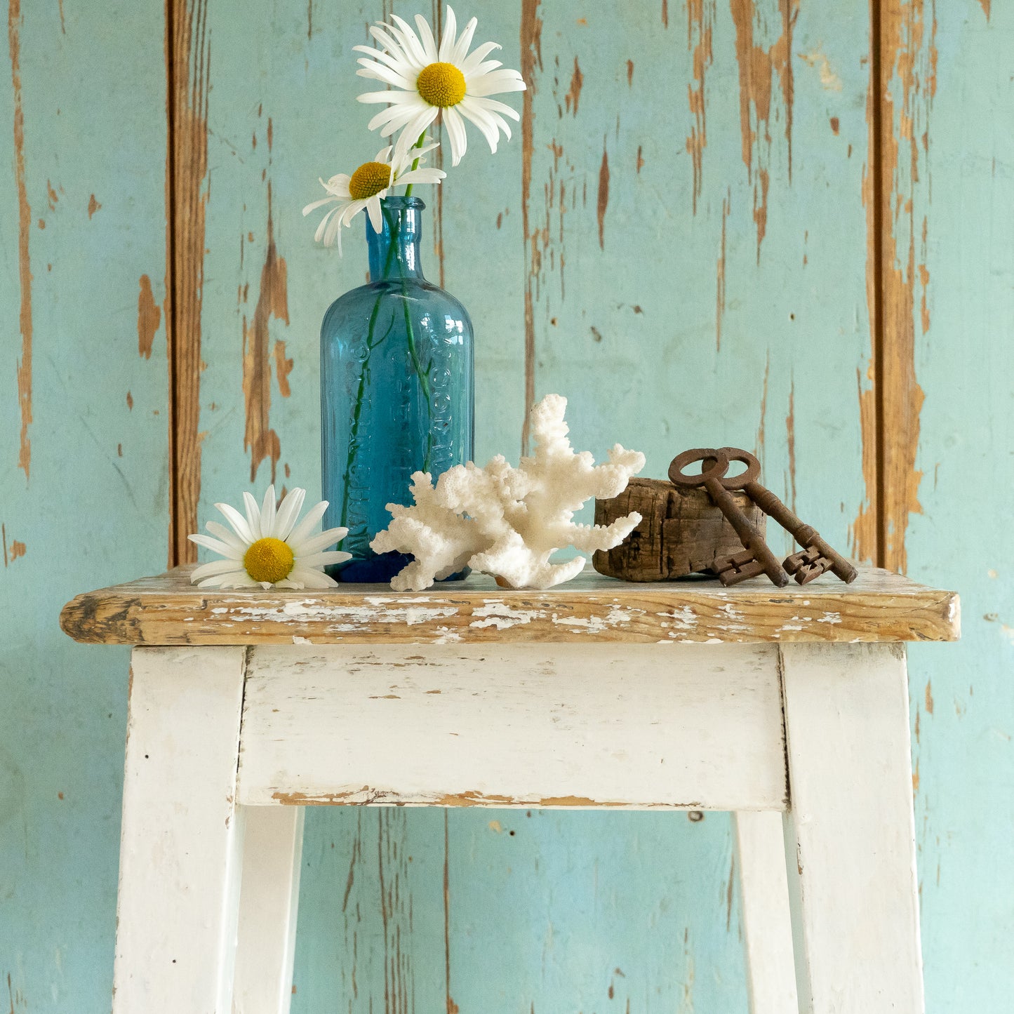 Tall Rustic White Painted Stool