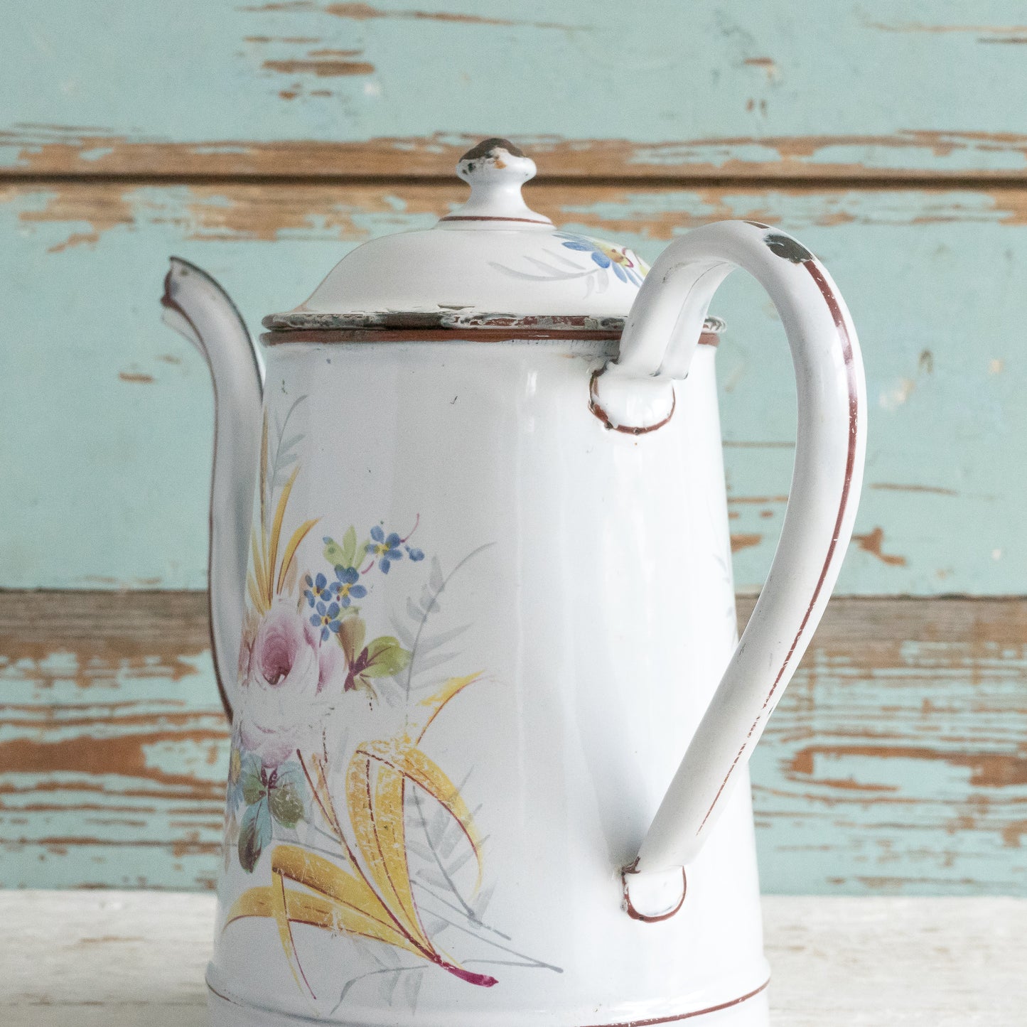 Vintage French Enamel Coffee Pot with Floral Detail