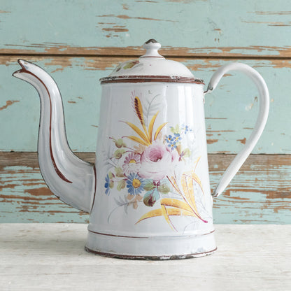 Vintage French Enamel Coffee Pot with Floral Detail