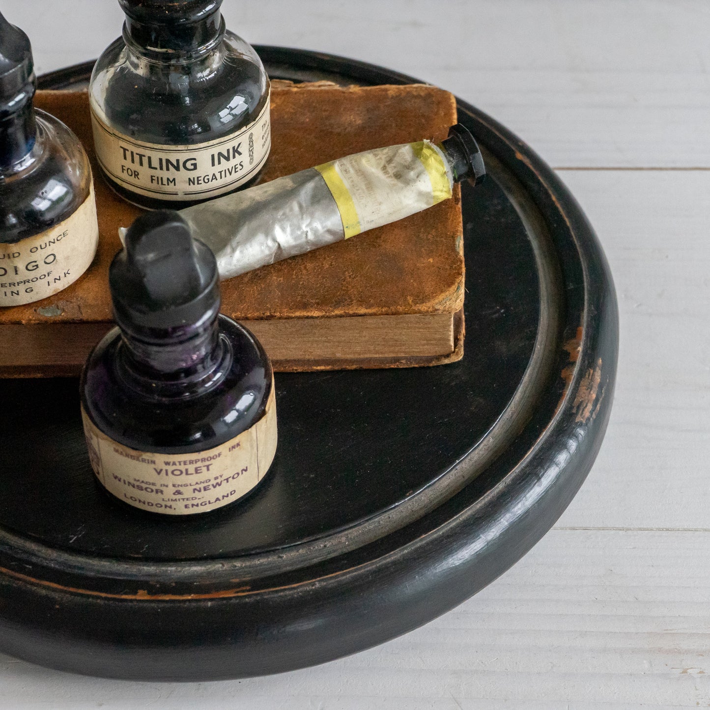 Vintage Ebonised Round Wooden Dome Base