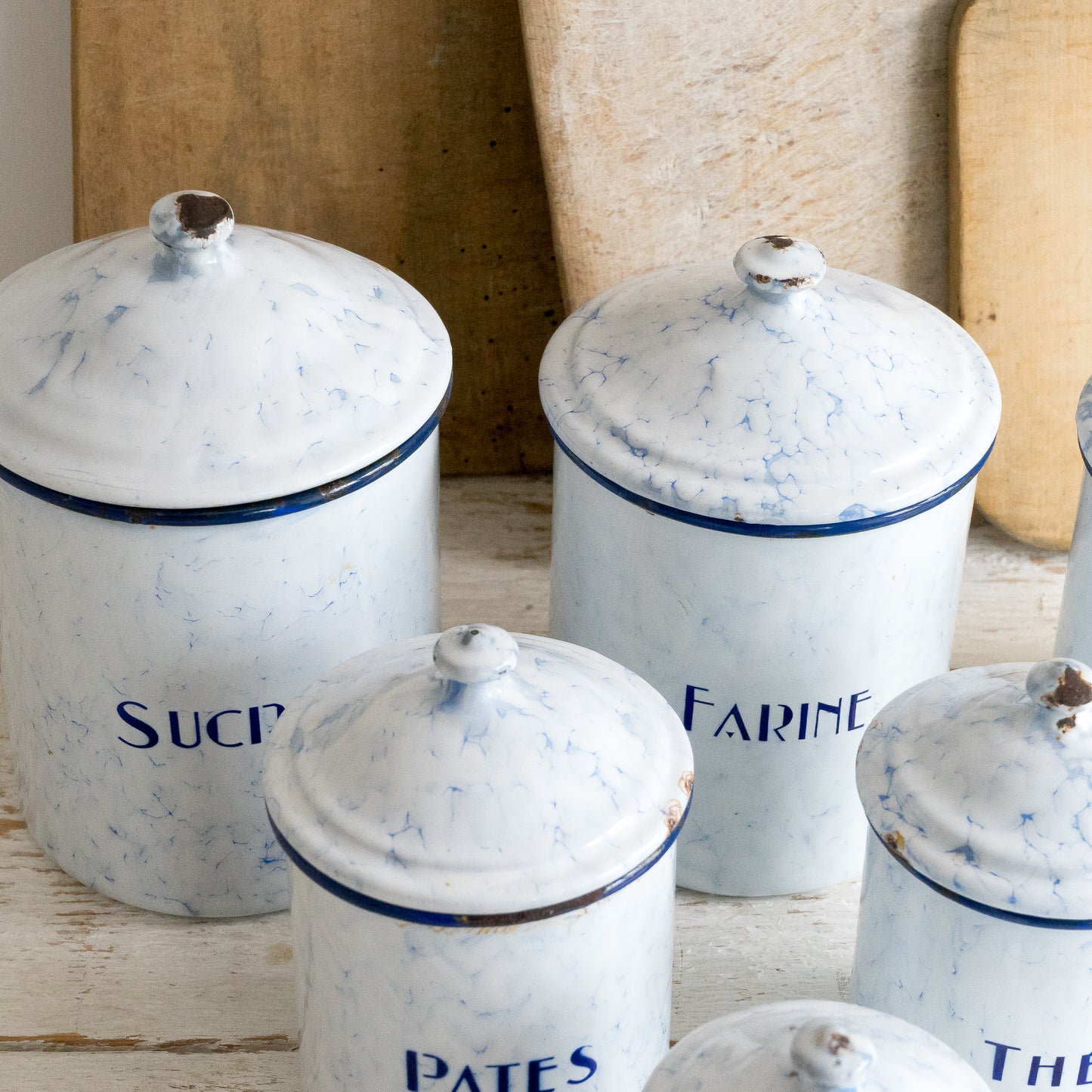 Vintage French Blue & White Enamel Storage Tin Set