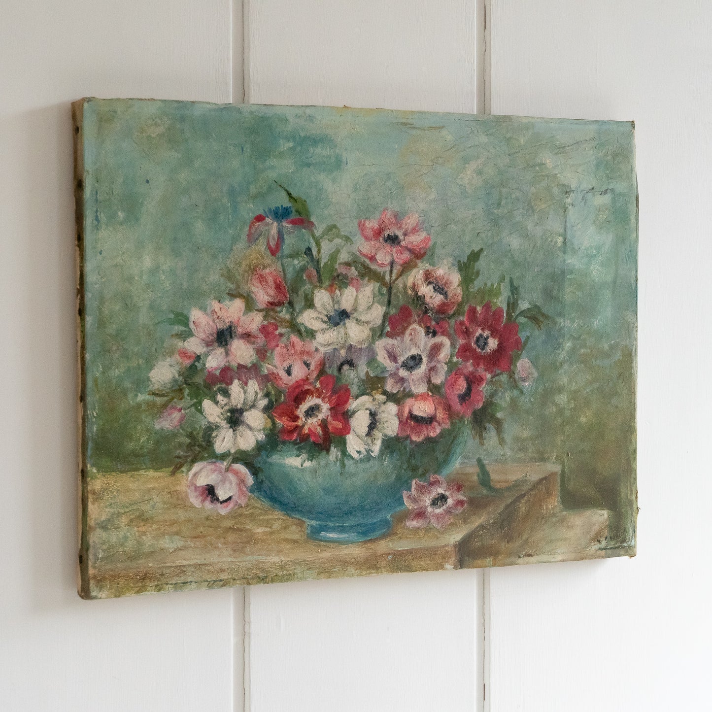 Vintage Oil on Canvas Painting of Anemones in a Blue Vase