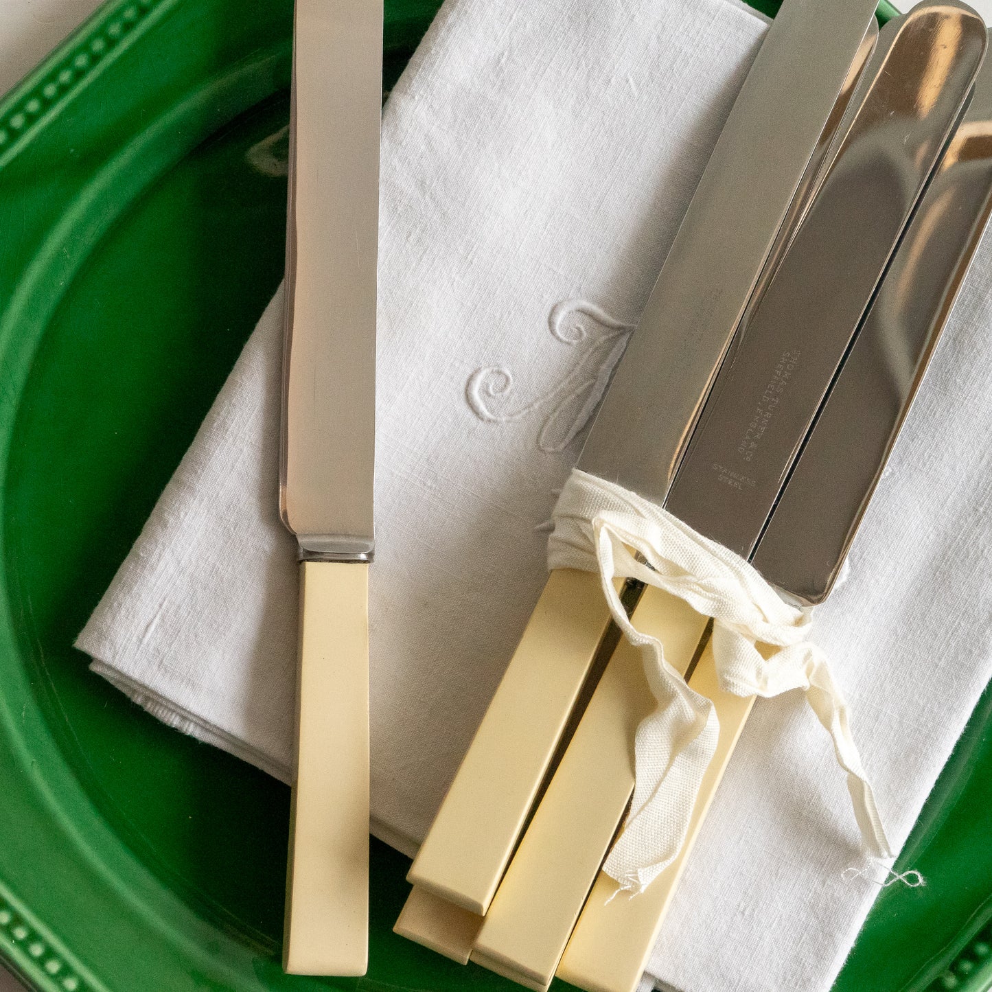 vintage set of 6 Square Faux Bone Handle Knives