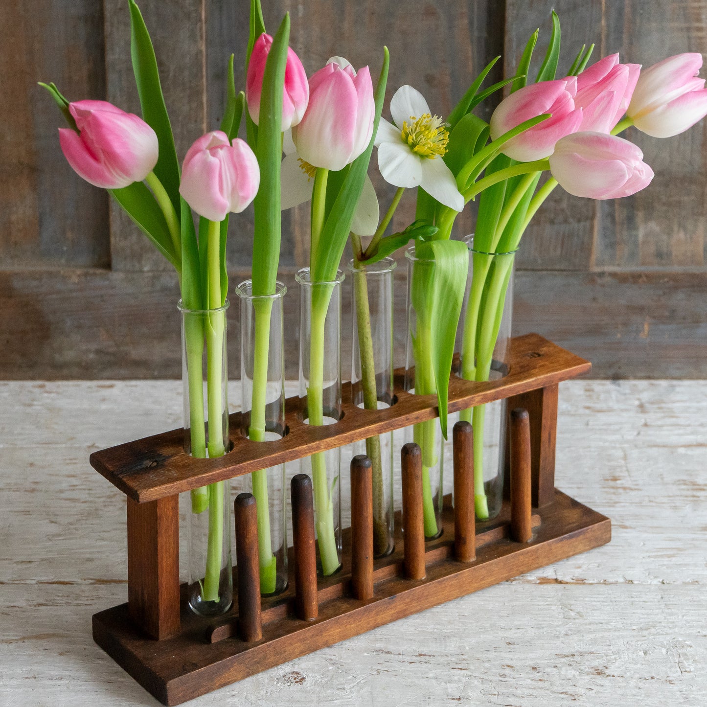 Vintage Test Tube Rack with 6 Glass Tubes