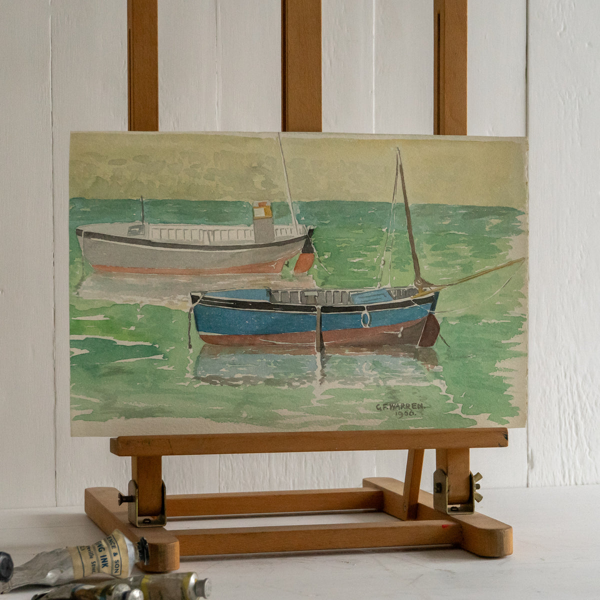 Vintage Waterrcolour Painting of Boats on the Water