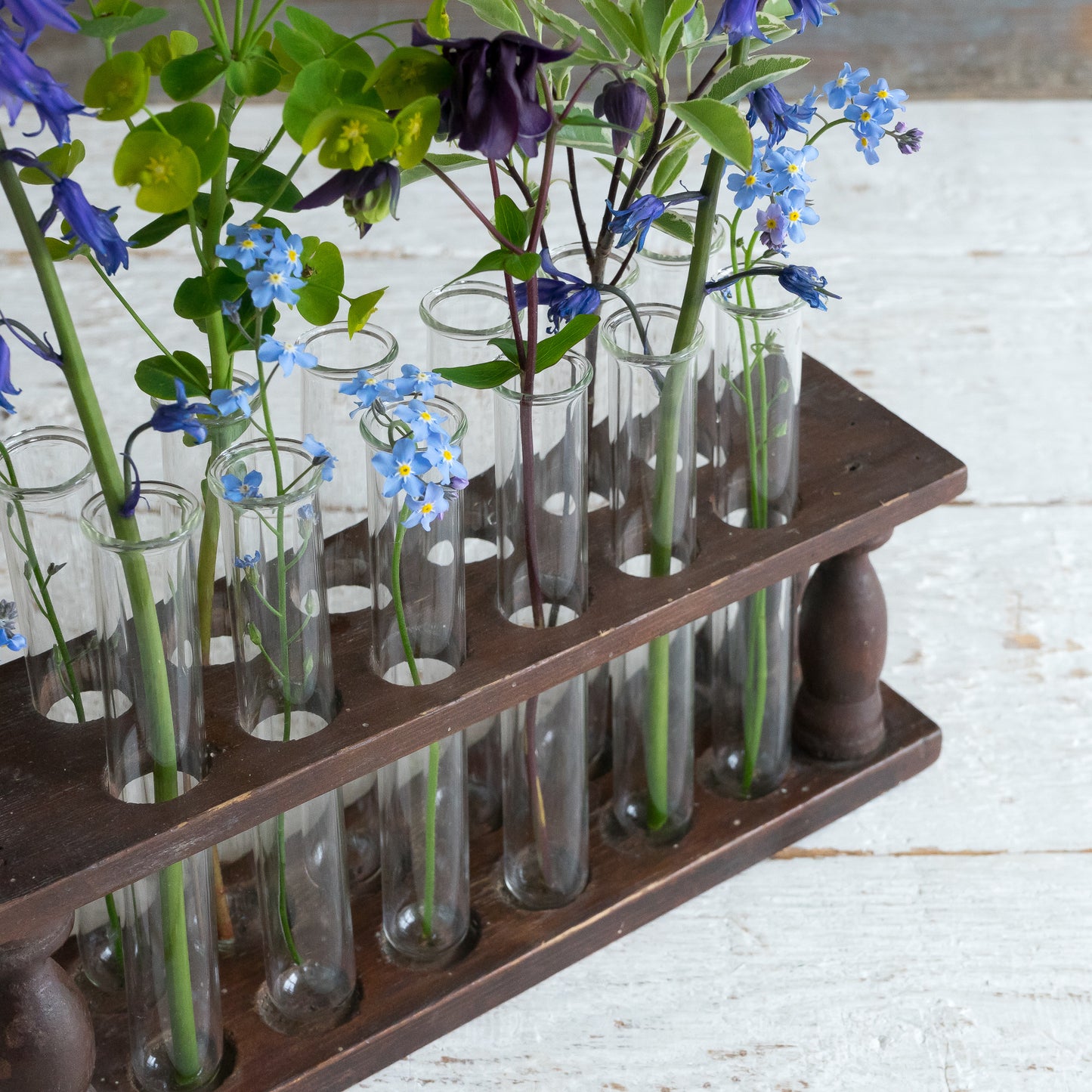 Vintage Wooden Test Tube Rack with 12 Glass Test Tubes