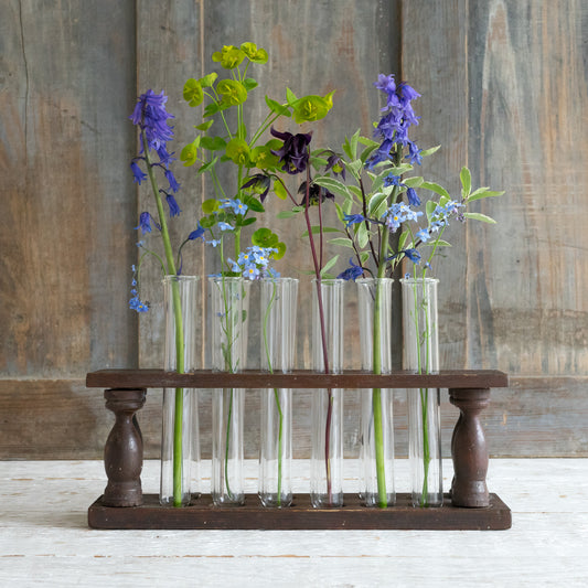 Vintage Wooden Test Tube Rack with 12 Glass Test Tubes