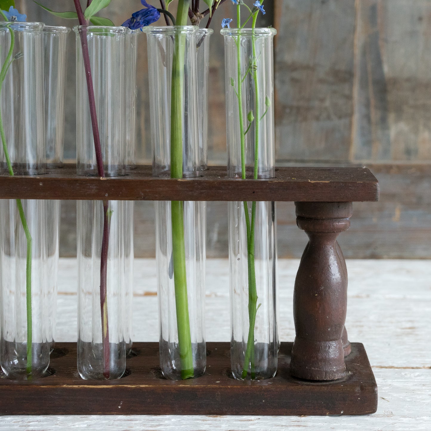Vintage Wooden Test Tube Rack with 12 Glass Test Tubes