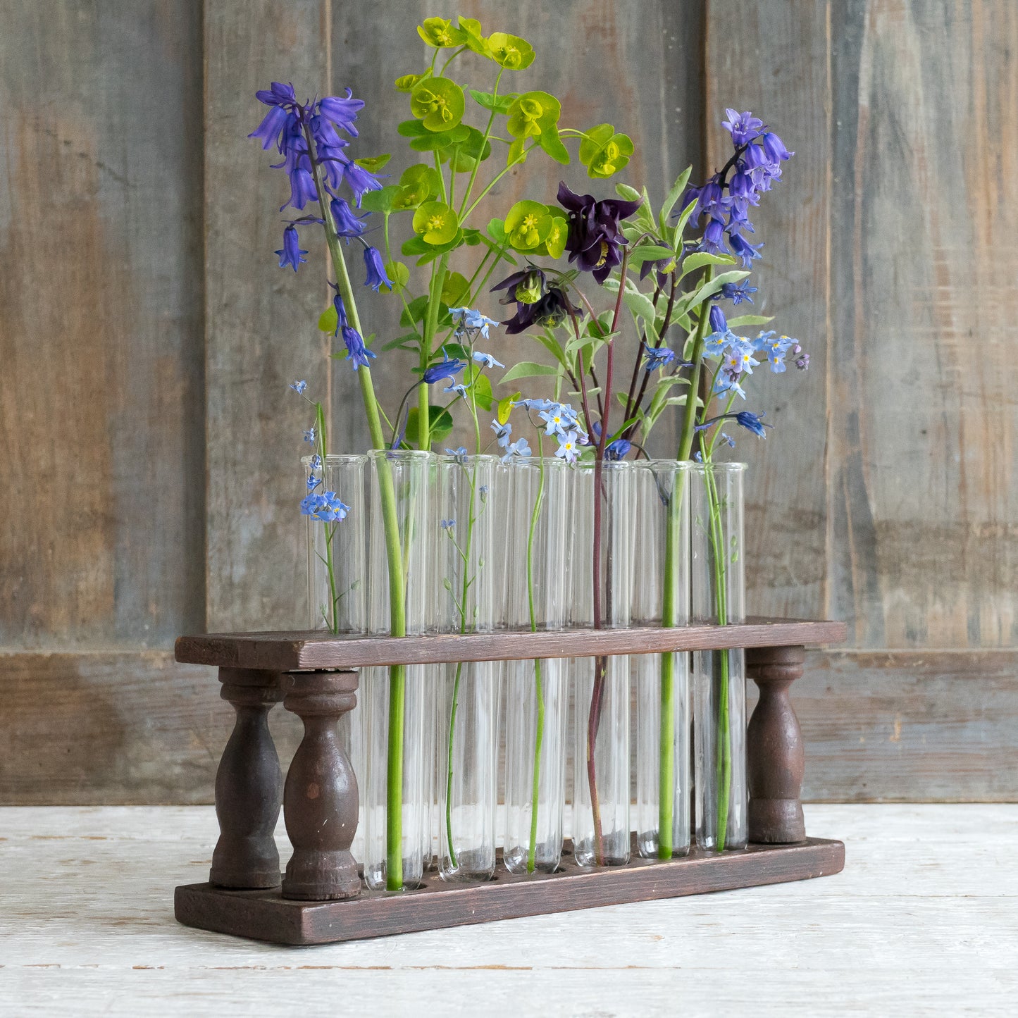 Vintage Wooden Test Tube Rack with 12 Glass Test Tubes
