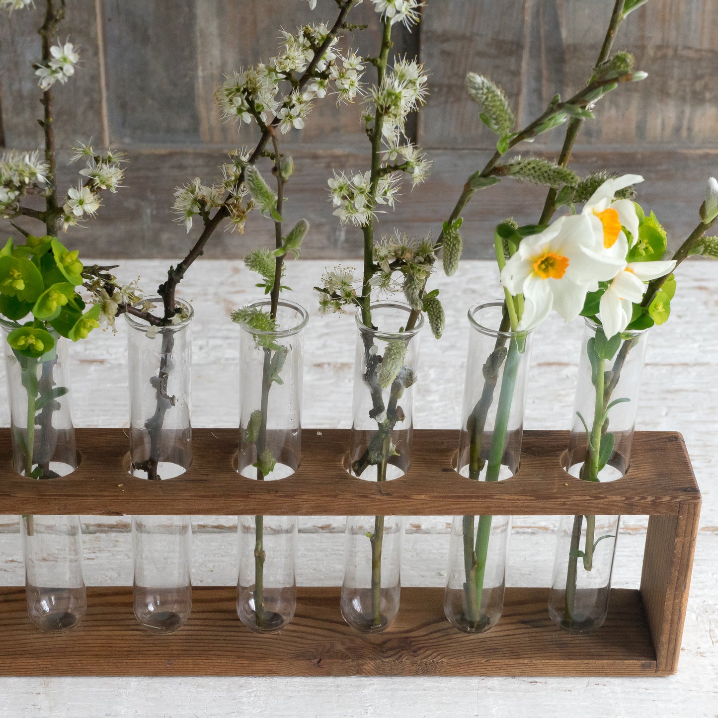 Vintage Wooden Test Tube Rack with 8 Large Glass Test Tubes
