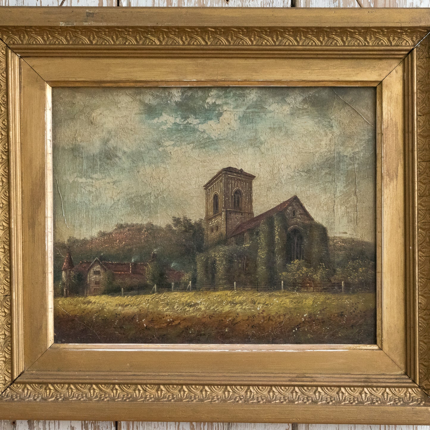 Church Oil Painting in Original Glit Frame