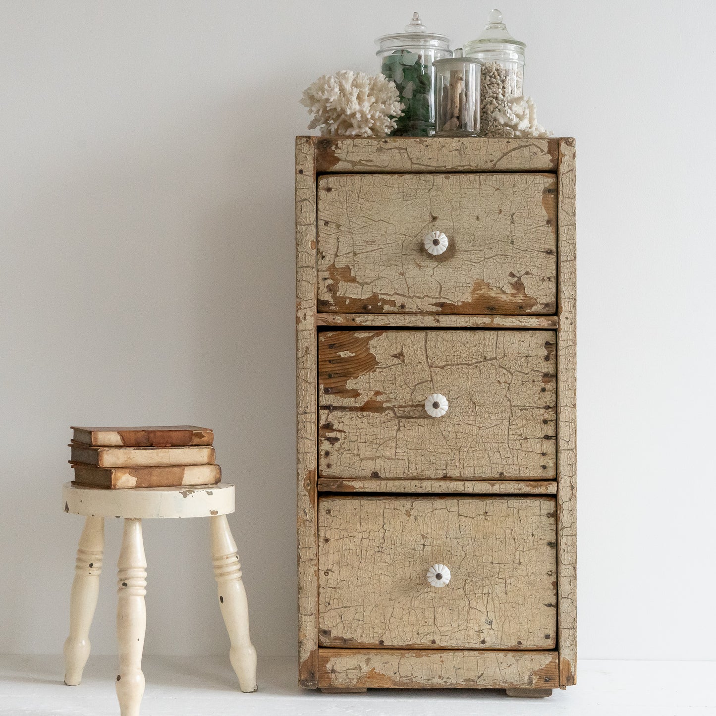 Bank of Three Rustic Painted Drawers