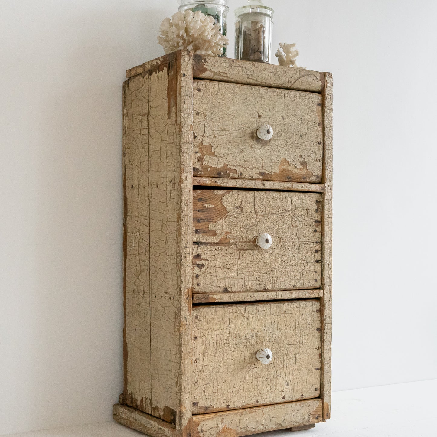 Bank of Three Rustic Painted Drawers