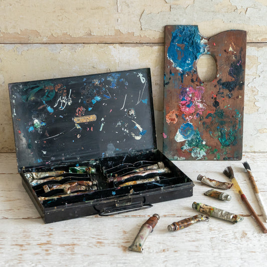 Early ROBERSON & Co Tin Paint Box with Wooden Palette