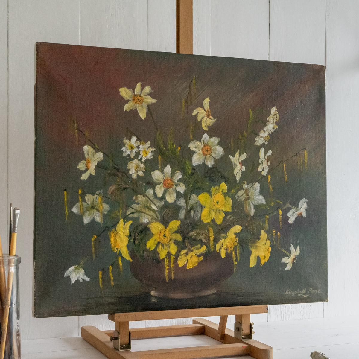 Floral Oil Painting of Daffodils and Pussy Willow