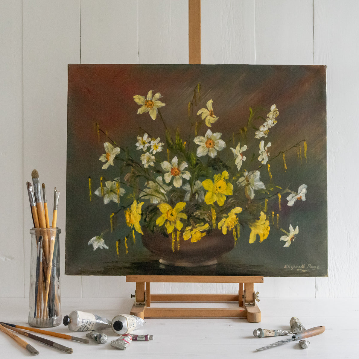 Floral Oil Painting of Daffodils and Pussy Willow