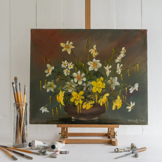 Floral Oil Painting of Daffodils and Pussy Willow