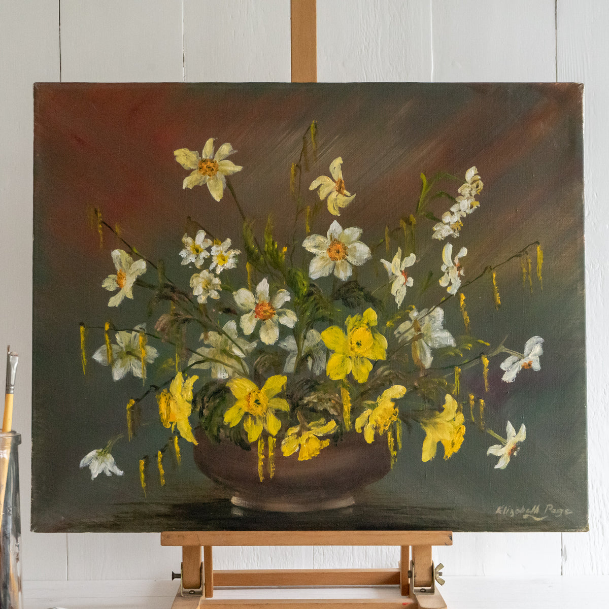 Floral Oil Painting of Daffodils and Pussy Willow