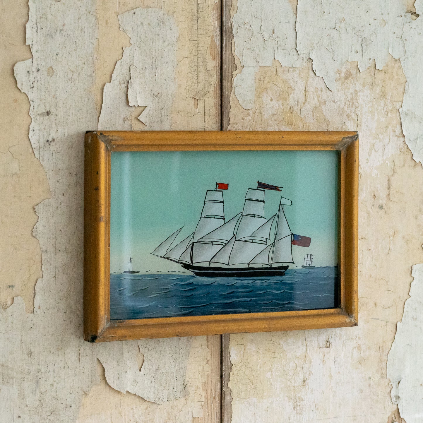 Framed Painting on Glass of a Ship