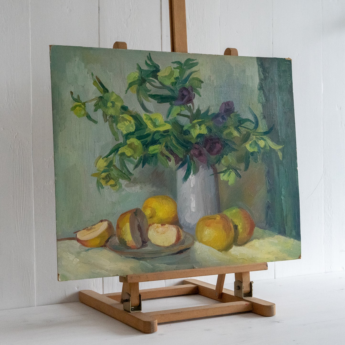 Oil on Board Still Life Painting of Flowers and Fruit