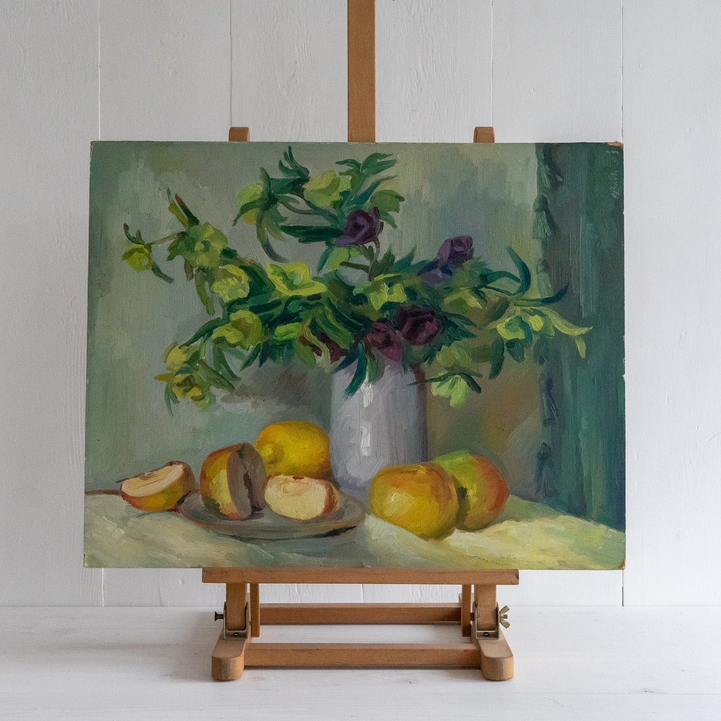 Oil on Board Still Life Painting of Flowers and Fruit