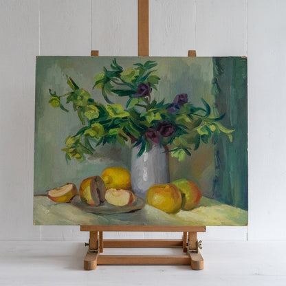 Oil on Board Still Life Painting of Flowers and Fruit
