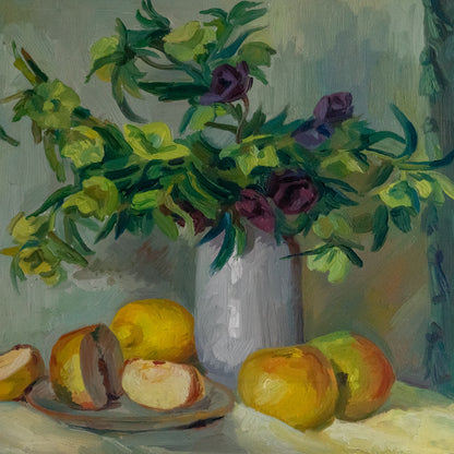 Oil on Board Still Life Painting of Flowers and Fruit