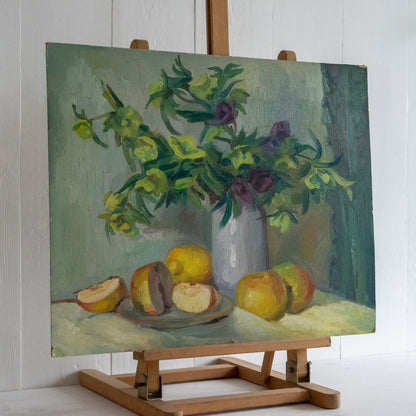 Oil on Board Still Life Painting of Flowers and Fruit