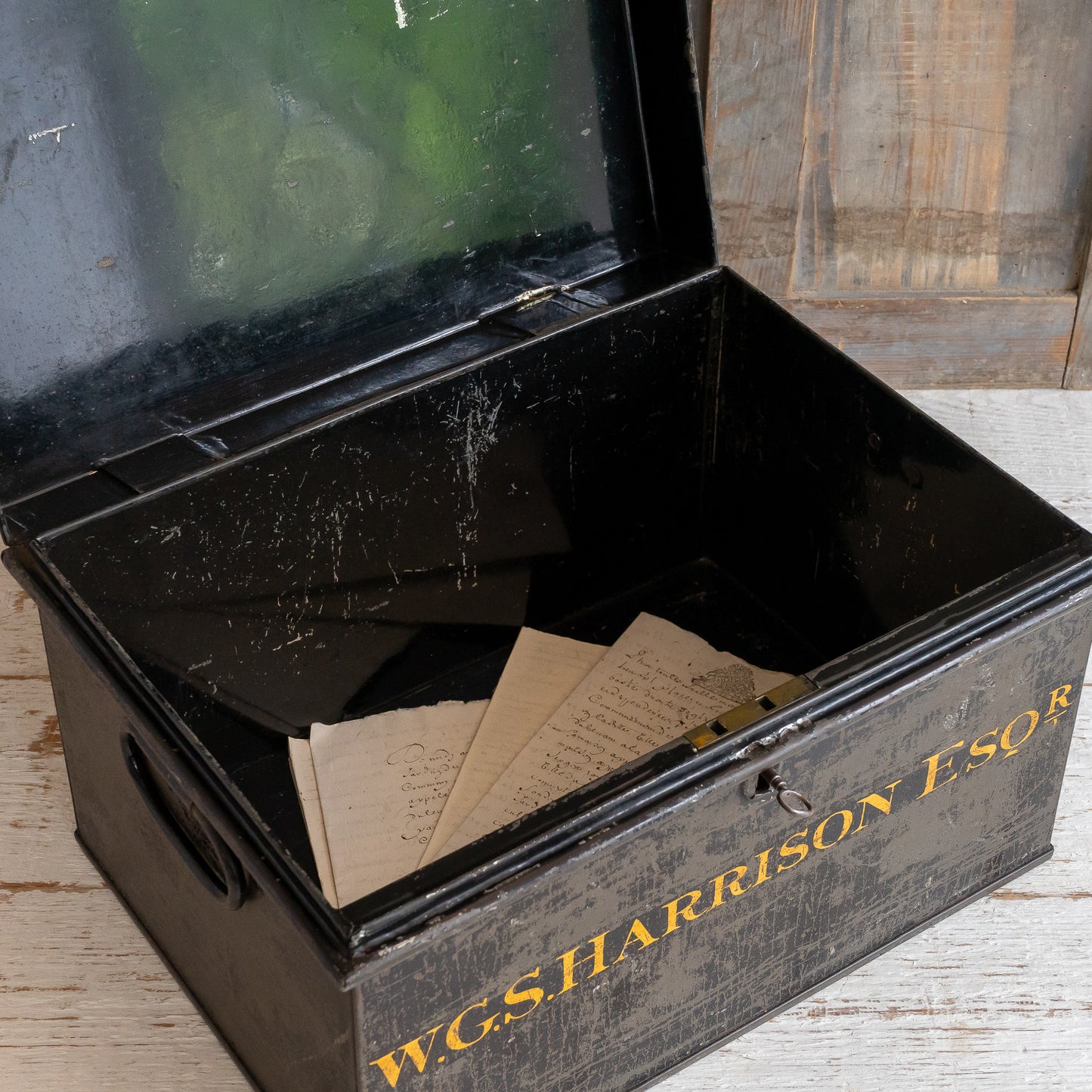 Vintage Black and Gold Deed Box with Key