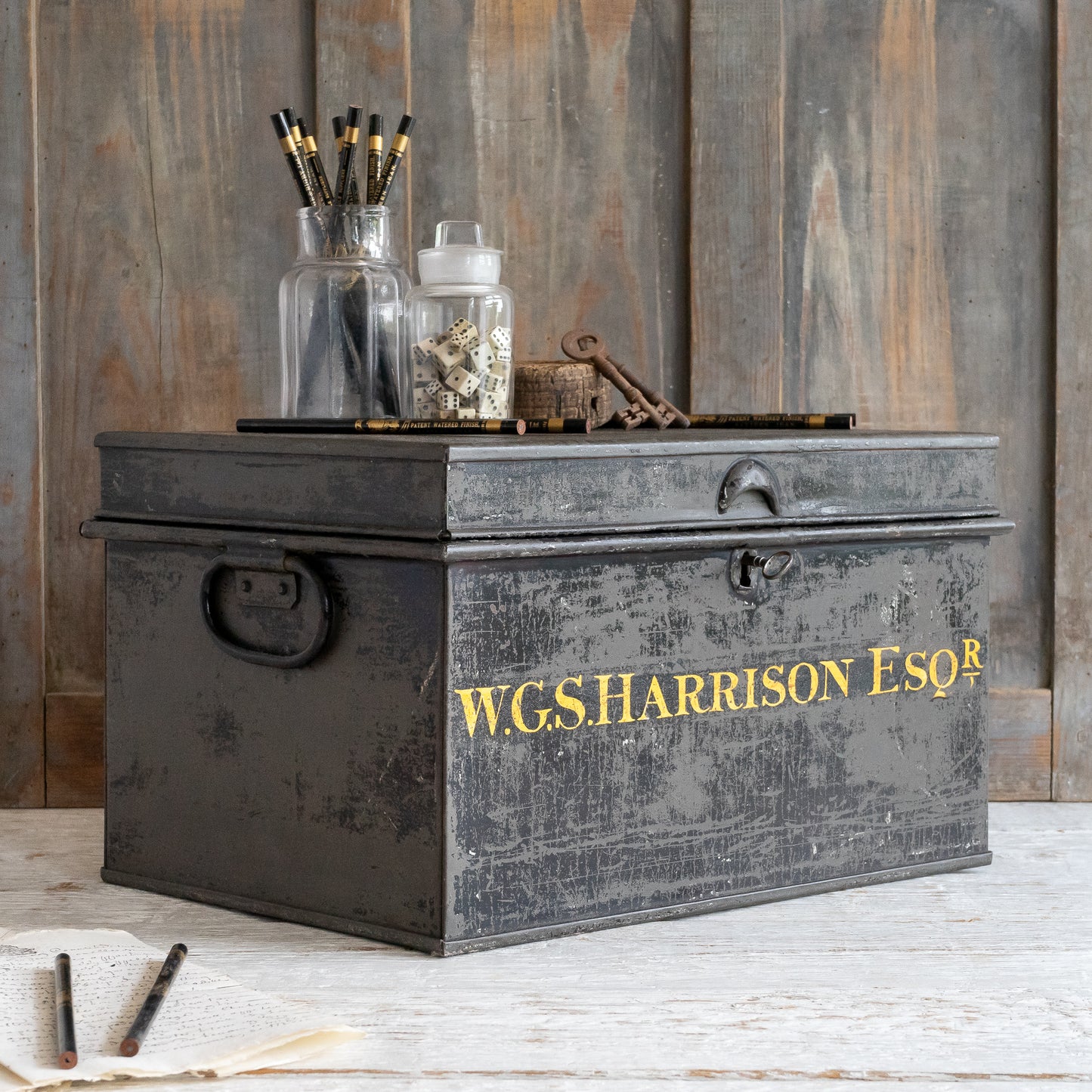 Vintage Black and Gold Deed Box with Key